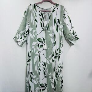 Noracora  Maxi Long Dress V-Neck Green Leaves Print Flowy Modest Size XXL‎ New